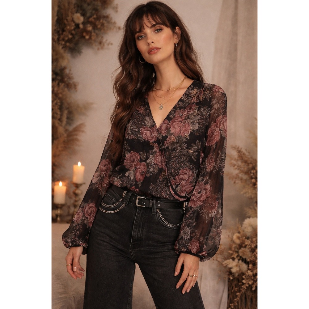 Floral Paisley Chiffon Surplice Blouse L Boho Whimsigoth Dark Fairy Romantic Top